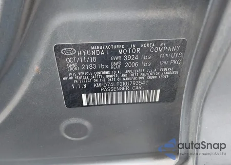 2019 Hyundai Elantra Se z USA, uszkodzony, nr VIN KMHD74LF2KU793541